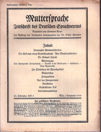 Muttersprache  Muttersprache 45.Jahrgang, Heft 3 Lenzmond / März 1930 (1 Heft) 