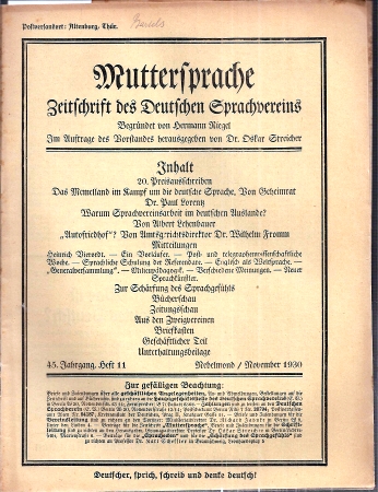 Muttersprache  Muttersprache 45.Jahrgang, Heft 11 Nebelmond / November 1930 