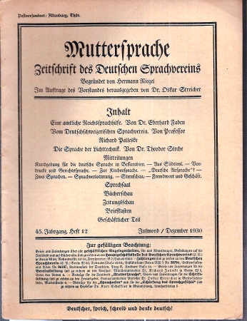 Muttersprache  Muttersprache 45.Jahrgang, Heft 12 Julmond / Dezember 1930 