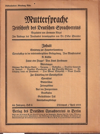 Muttersprache  Muttersprache 44.Jahrgang, Heft 4 Ostermond / April 1929 
