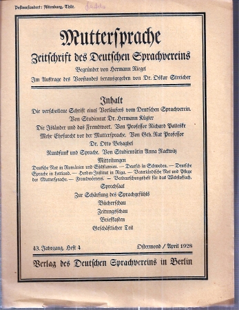 Muttersprache  Muttersprache 43.Jahrgang, Heft 4 Ostermond / April 1928 