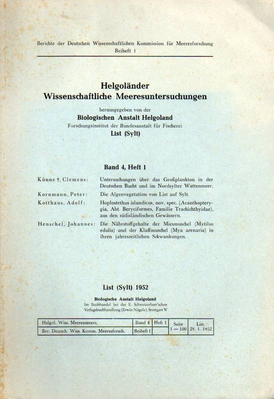 Biologische Anstalt Helgoland (Hsg.)  Helgoländer Wissenschaftliche Meeresuntersuchungen Band 4, Heft 1 