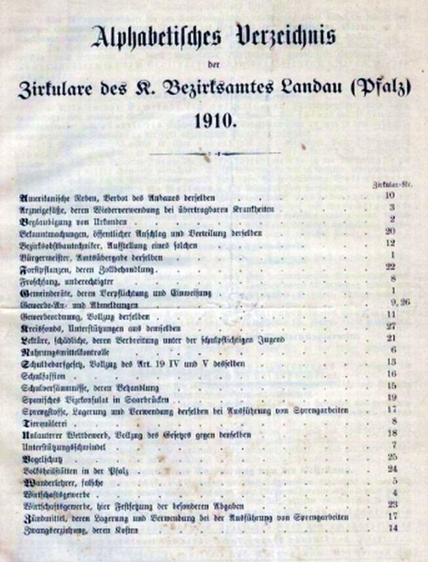 Bezirksamt Landau (Pfalz)  Alphabetisches Verzeichnis der Zirkulare des K. Bezirksamtes Landau 