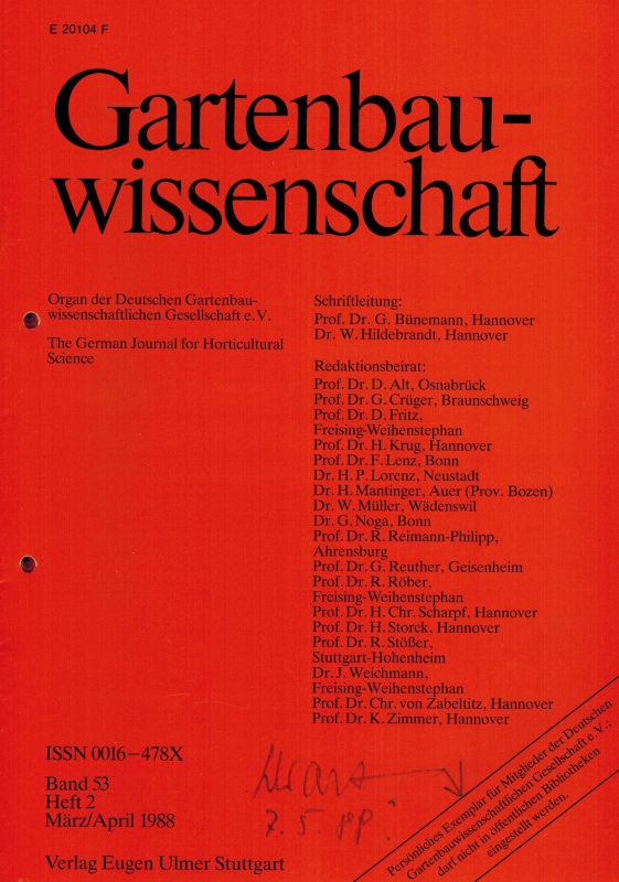 Gartenbauwissenschaft  Gartenbauwissenschaft Band 53, 1988 Heft 2-6 (5 Hefte) 