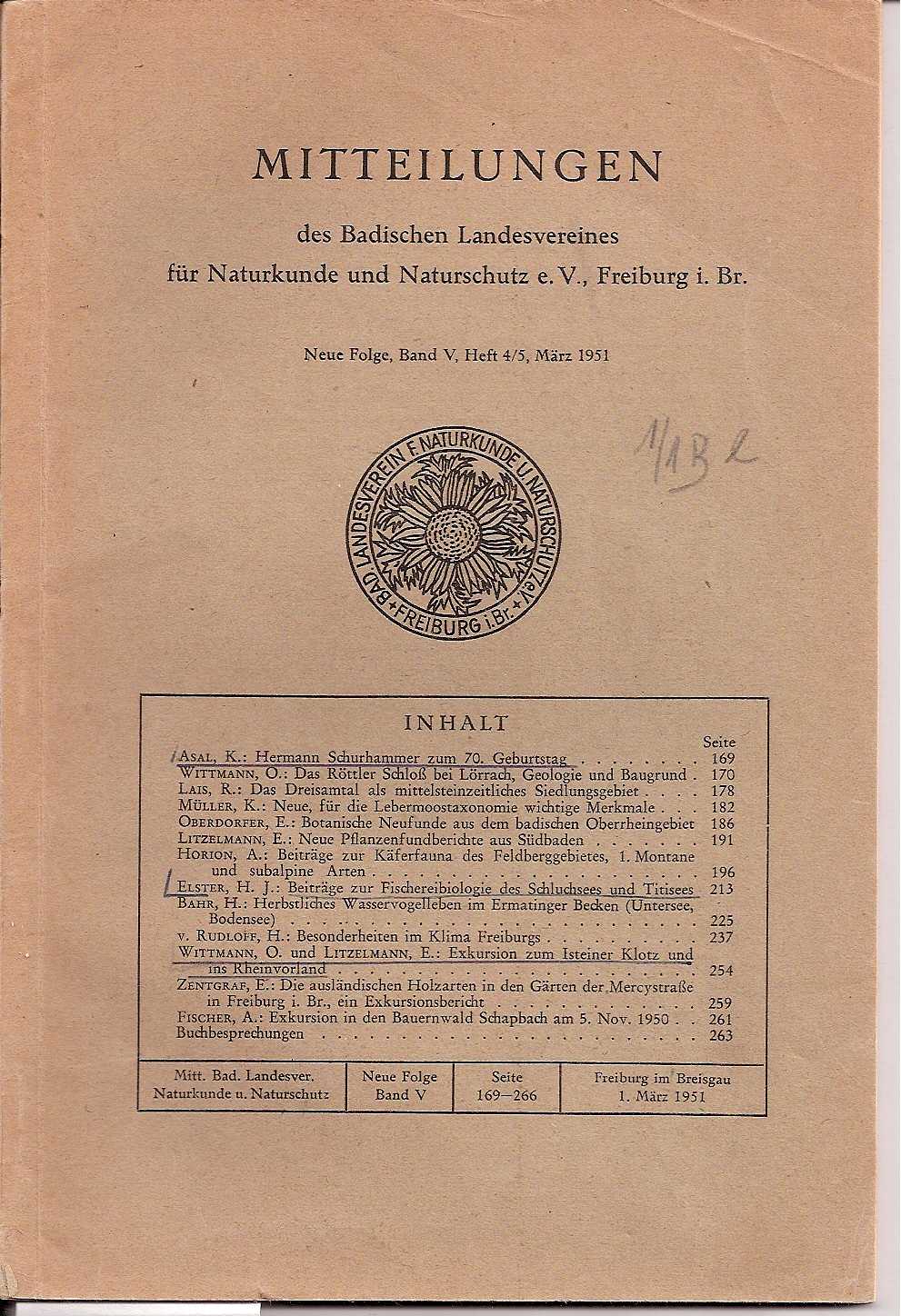 Badischer Landesverein für Naturkunde  Neue Folge Band V,Heft 4/5,März 1951 