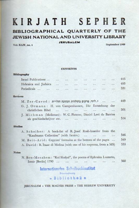 Kirjath Sepher  Vol. 44.No.1 bis 4.Bibliographical Quarterly of the Jewish 