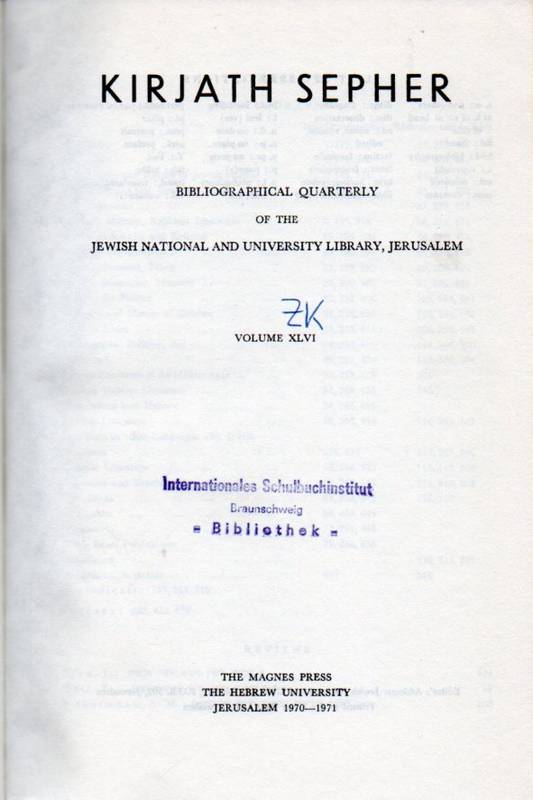 Kirjath Sepher  Vol. 46.Bibliographical Quarterly of the Jewish National and 