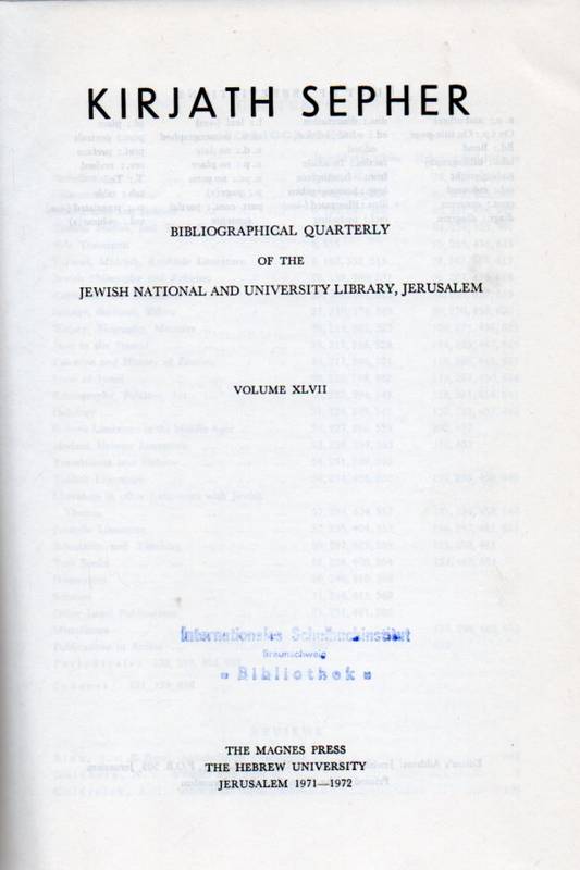 Kirjath Sepher  Vol. 47.Bibliographical Quarterly of the Jwish National and 