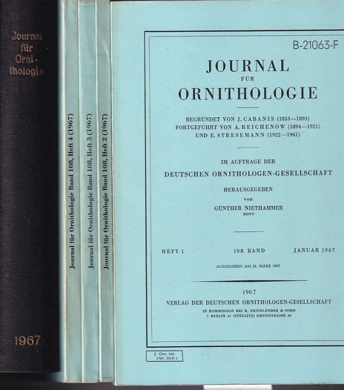 Journal für Ornithologie  Journal für Ornithologie 108 Band 1967 Heft 1 bis 4 (4 Hefte) 