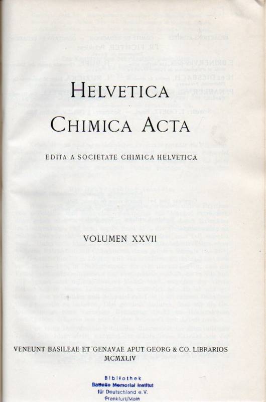 Helvetica Chimica Acta  Volumen XXVII.1944.Pars I und II(2 Bände) 