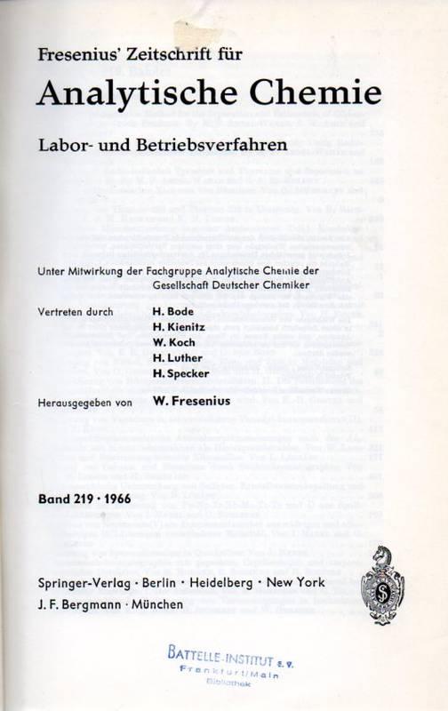 Fresenius Zeitschrift für Analytische Chemie  219.Band 1966 und 220.Band 1966 (in einem Band) 