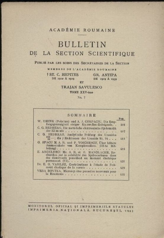Academie Roumaine  Bulletin de la Section Scientifique Tome XXV-eme, No. 7. 