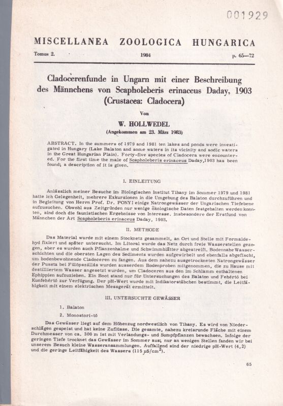 Hollwedel,Werner  Cladocerenfunde in Ungarn mit einer Beschreibung des Männchens von 