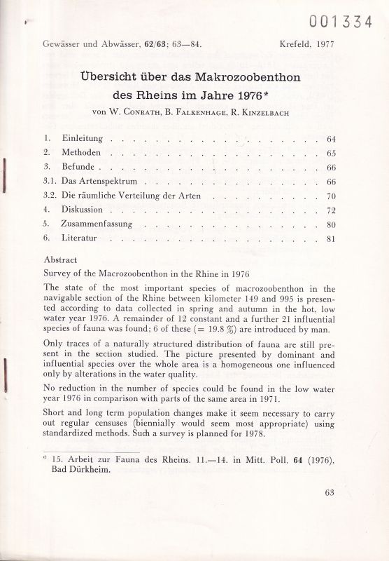 Conrath,W. und B.Falkenhage und R.Kinzelbach  Übersicht übe das Makrozoobenthon des Rheins im Jahre 1976 
