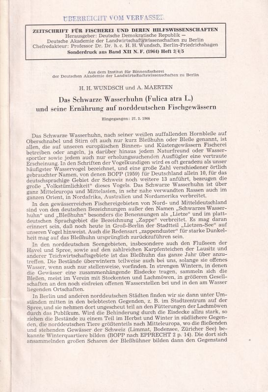 Wundsch,H.H. und A.Maerten  Das Schwarze Wasserhuhn (Fulica atra L.) und seine Ernährung auf 