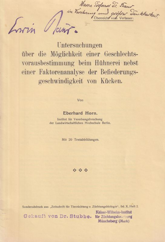 Horn,Eberhard  Untersuchungen über die Möglichkeit einer Geschlechtsvorausbestimmung 