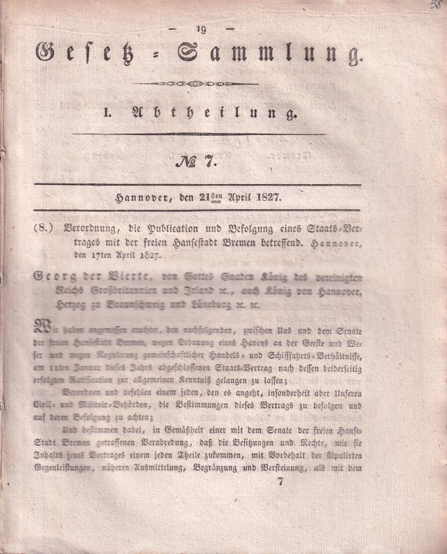 Königreich Hannover  Verordnung, die Publication und Befolgung eines Staats-Vertrages mit 
