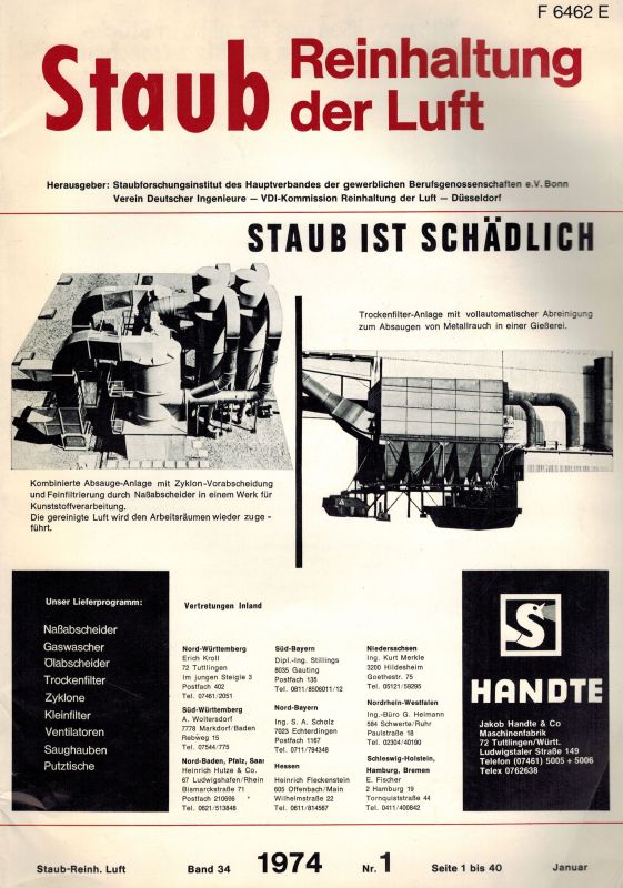 Staubforschungsinstitut  Staub Reinhaltung der Luft Band 34 Heft Nr. 1, 1974 (1 Heft) 
