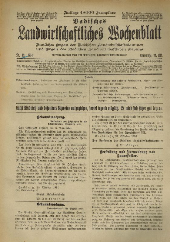 Badische Landwirtschaftskammer (Hsg.)  Badisches Landwirtschaftliches Wochenblatt Jahr 1914, Heft Nummer 1 