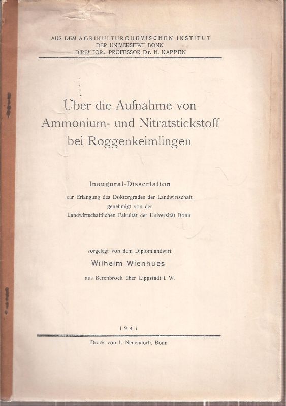 Wienhues,Wilhelm  Über die Aufnahme von Ammonium- und Nitratstickstoff bei 
