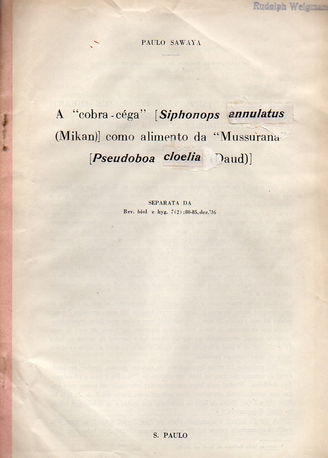 Sawaya,Paulo  A cobra-cega Siphonops annulatus (Mikan) como alimento da Mussurana 