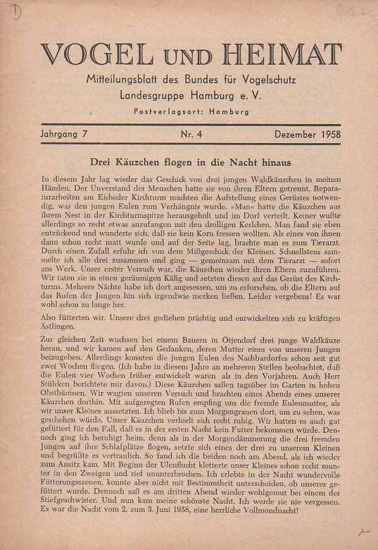 Vogel und Heimat  Vogel und Heimat 7.Jahrgang 1958 Nr. 4 