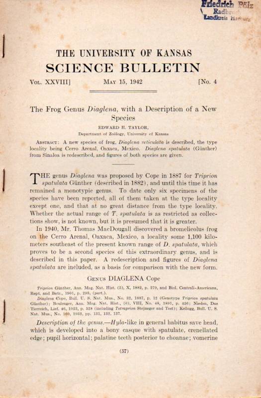 Taylor,Edward H.  The Frog Genus Diaglena, with a Description of a New Species 