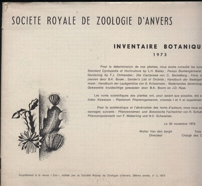 Societe Royale de Zoologie d´Anvers  Inventaire Botanique 1973 