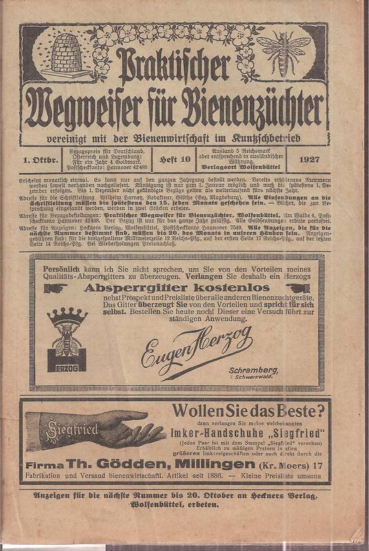 Praktischer Wegweiser für Bienenzüchter  Praktischer Wegweiser für Bienenzüchter Jahr 1927 Heft 10 (Oktober) 