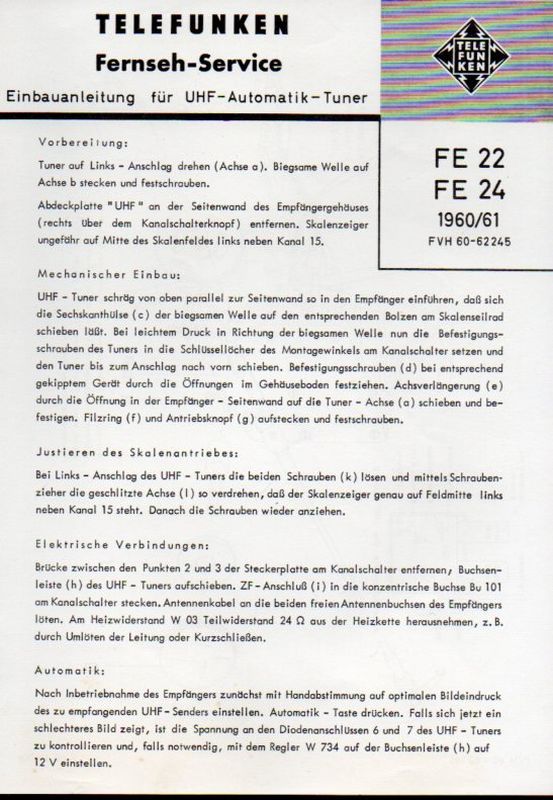 Telefunken  Fernseh Service Information 1960/61 für FE 22 und FE 24 
