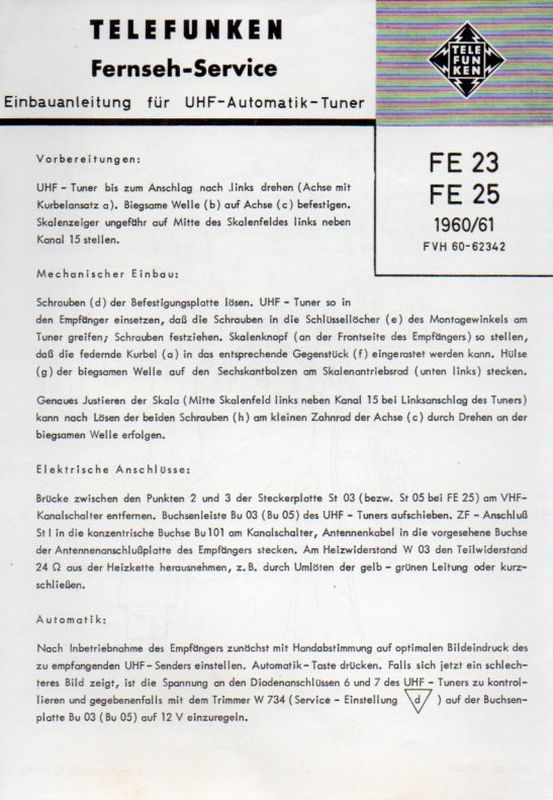 Telefunken  Fernseh Service Information 1960/61 für FE 23 und FE 25 