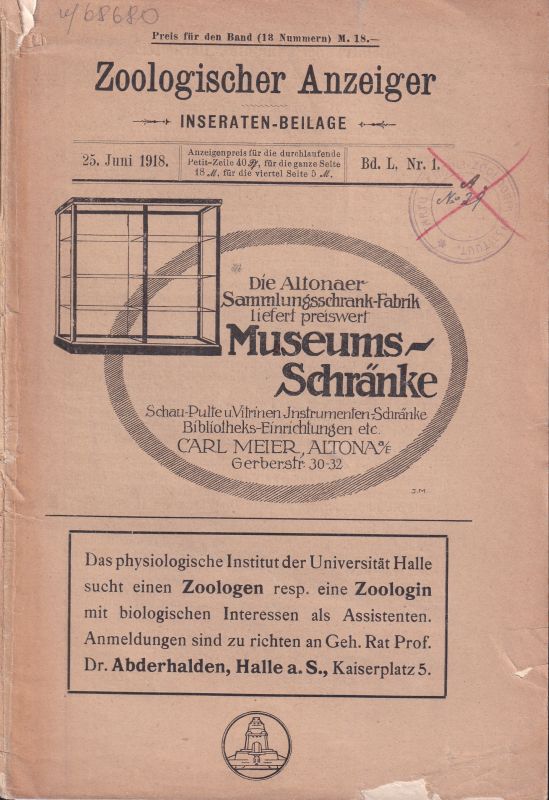 Zoologischer Anzeiger  Zoologischer Anzeiger L.Band 1918 Heft Nr.1 und 2 (2 Hefte) 