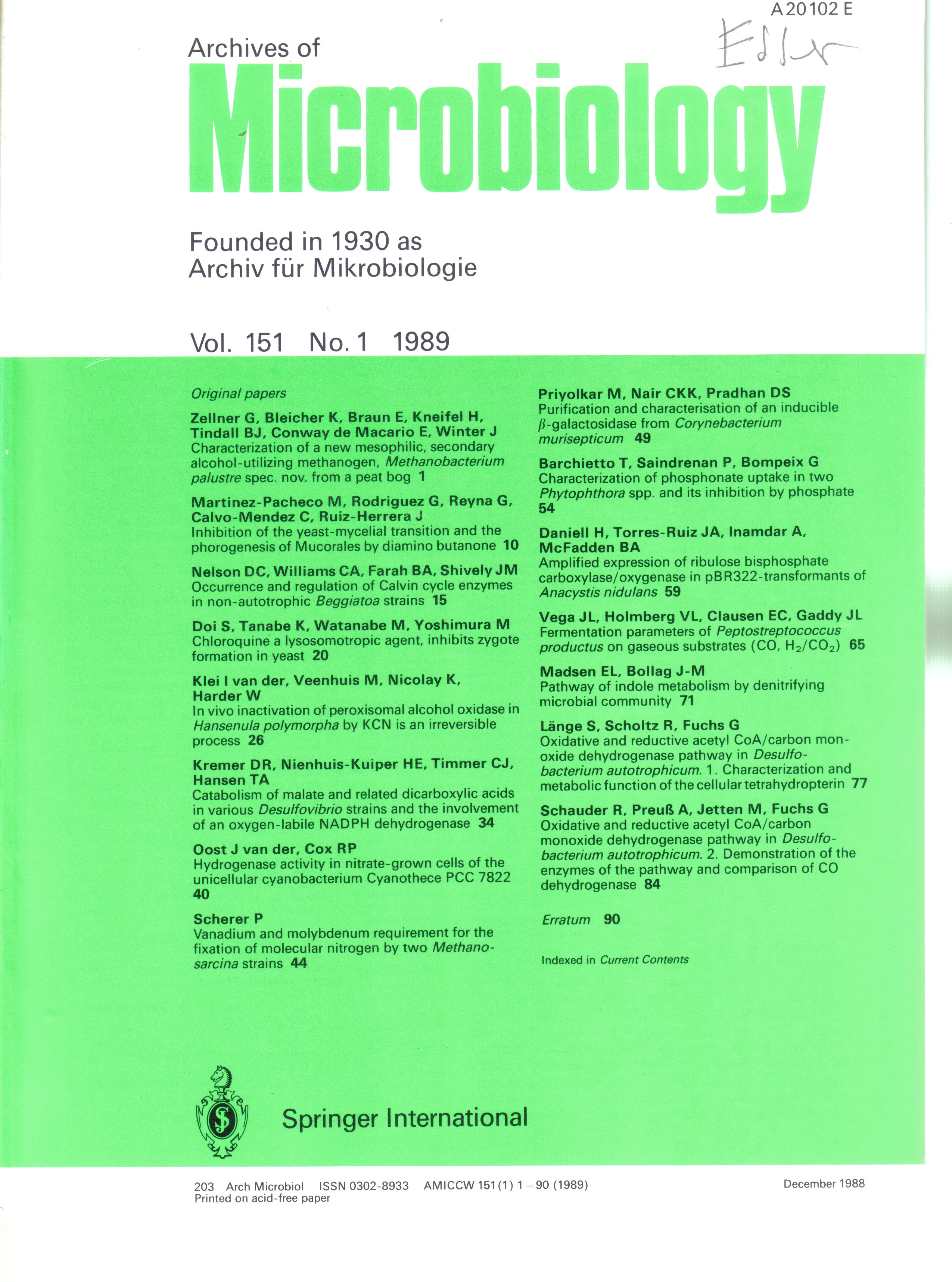 Archives of Microbiology  Archives of Microbiology Volume 151, 1989 No. 1 bis 6 (6 Hefte) 