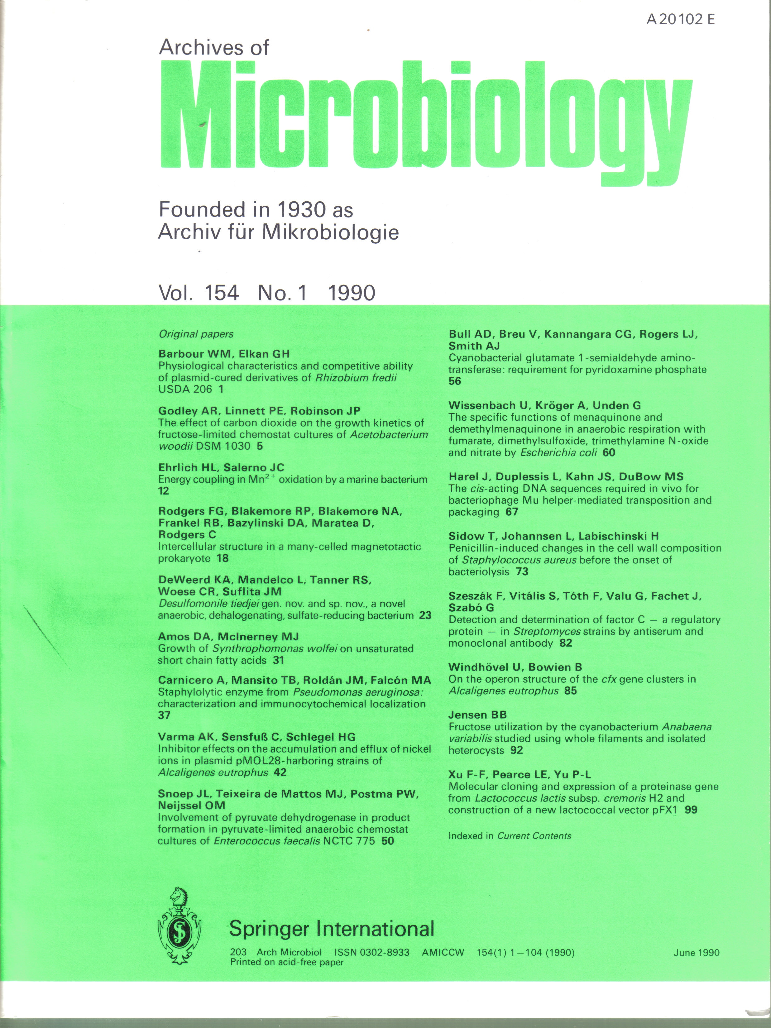 Archives of Microbiology  Archives of Microbiology Volume 154, 1990 No. 1 bis 6 (6 Hefte) 