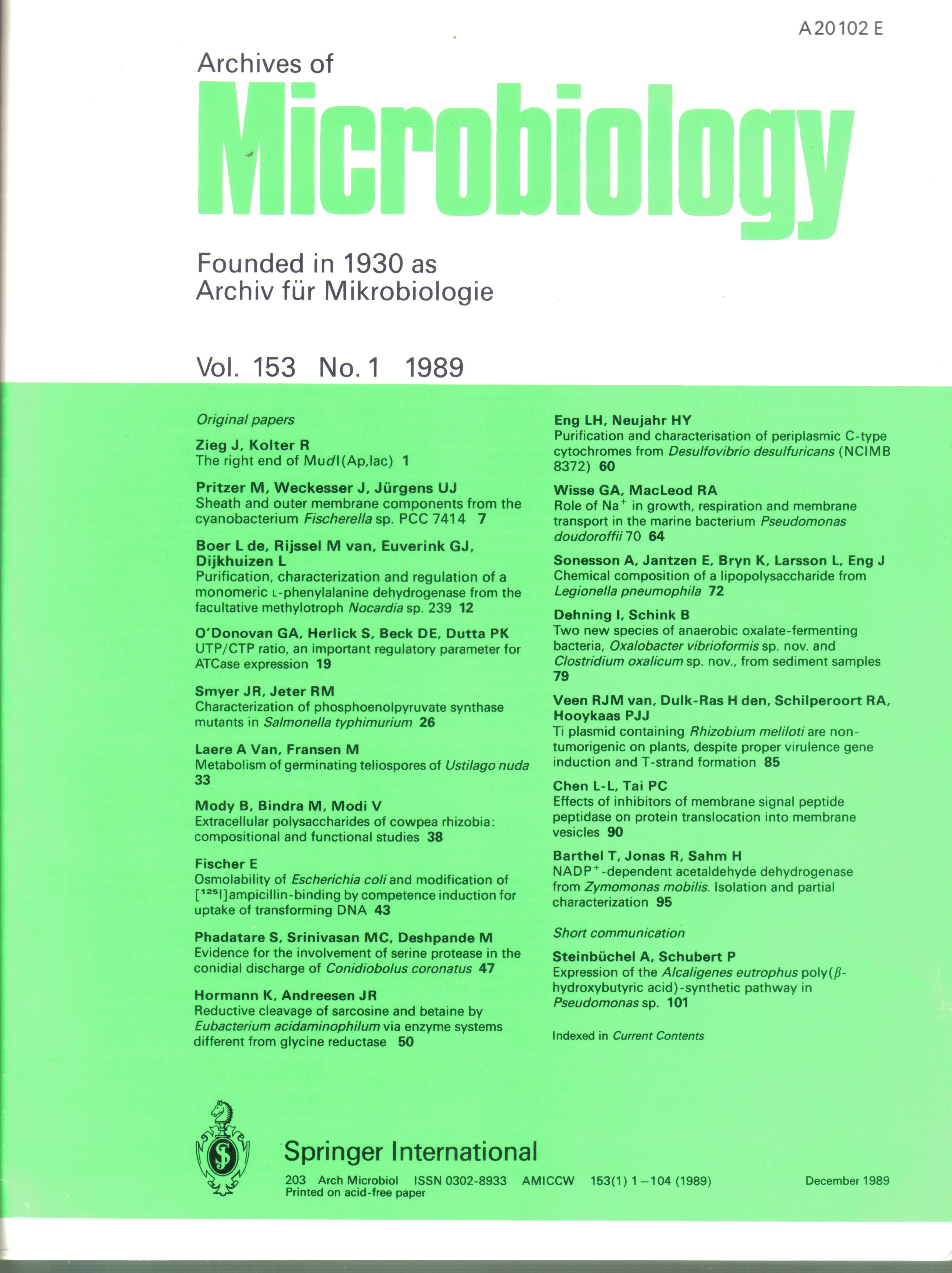 Archives of Microbiology  Archives of Microbiology Volume 153, 1990 No. 1 bis 6 (6 Hefte) 