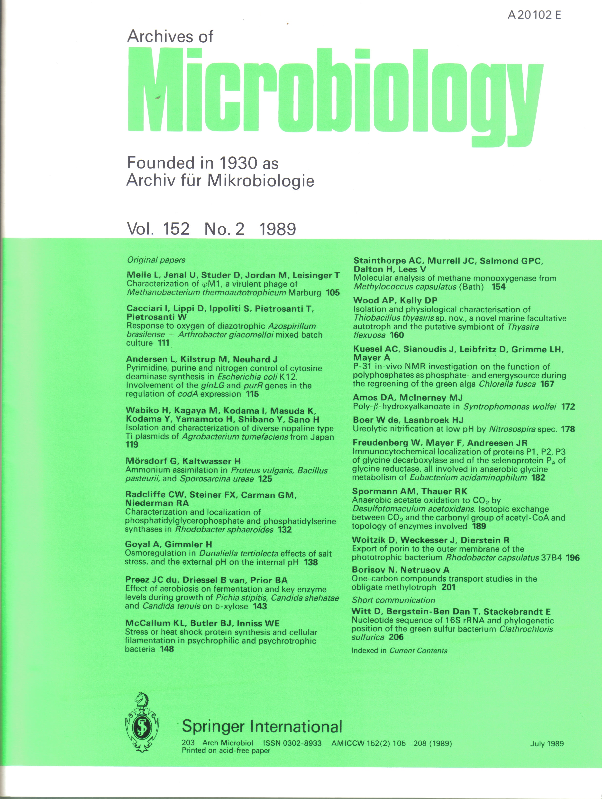 Archives of Microbiology  Archives of Microbiology Volume 152, 1989 No. 1 bis 6 (6 Hefte) 