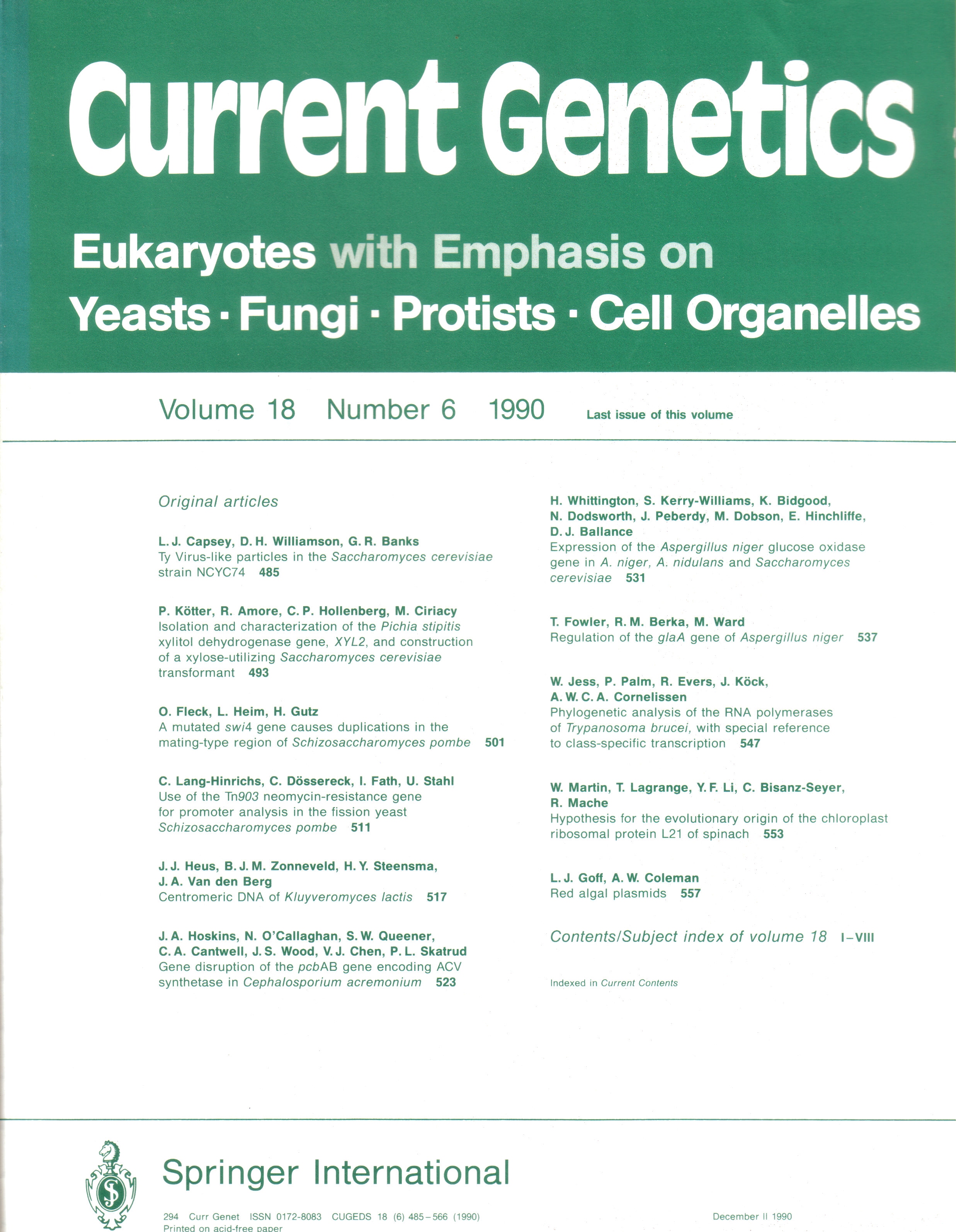 Current Genetics  Current Genetics Volume 18 (1990) Heft 1 bis 6 (6 Hefte) 