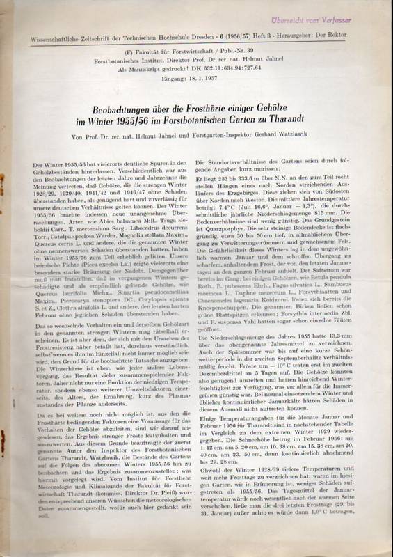Watzlawik,Gerhard  Beobachtungen über die Frosthärte einiger Gehölze im Winter 1955/56 im 