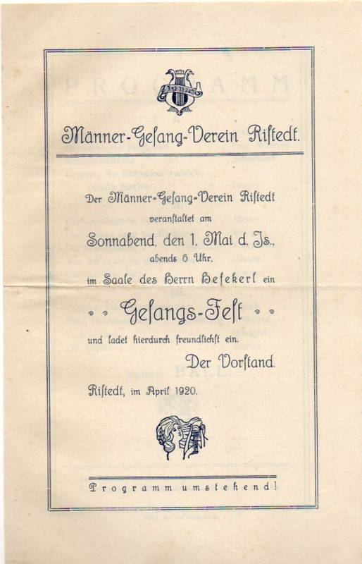 Männer-Gesang-Verein Ristedt  Programm zum Gesangs-Fest am 1.Mai 1920 