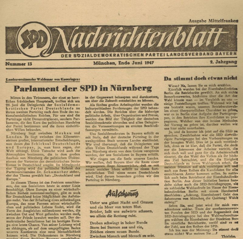 SPD Landesverband Bayern  Nachrichtenblatt 2.Jahrgang 1947 Nummer 13 