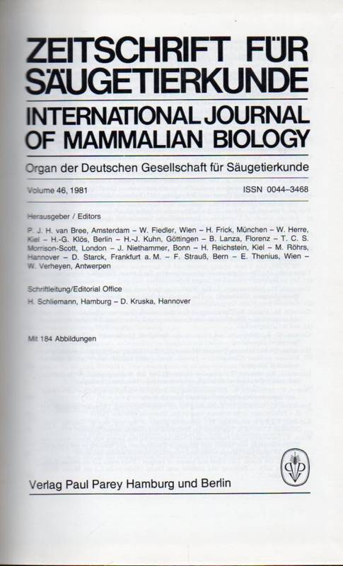 Zeitschrift für Säugetierkunde  Zeitschrift für Säugetierkunde Volume 46, 1981 Heft 1 bis 6 (6 Hefte) 