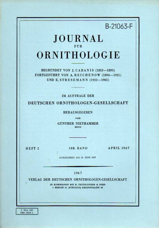 Journal für Ornithologie  Journal für Ornithologie 108.Band 1967 Heft 2 (1 Heft) 