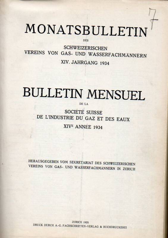 Schweizerischer Verein von Gas- und Wasserfachmänn  Monatsbulletin des schweizerischen Vereins XIV.Jahrgang 1934 
