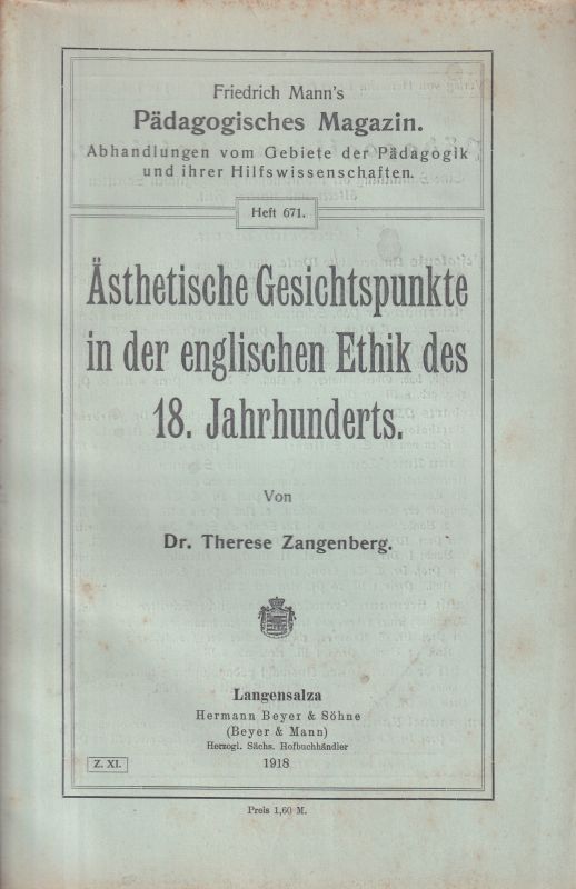 Zangenberg,Therese  Ästhetische Gesichtspunkte in der englischen Ethik des 18.Jahrhunderts 