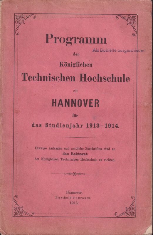 Technische Hochschule Hannover  Programm der Königlichen Technischen Hochschule zu Hannover 