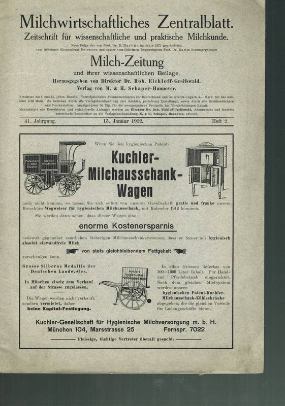Milchwirtschaftliches Zentralblatt  Milchwirtschaftliches Zentralblatt 41.Jahrgang 1912. Heft 2 