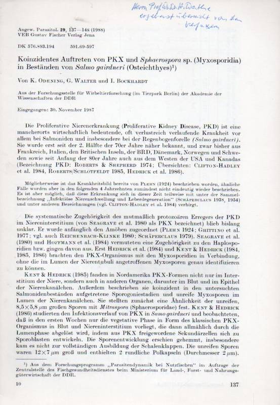 Odening,K.und G.Walter und I.Bockhardt  Koinzidentes Auftreten von PKX und Sphaerospora sp. (Myxosporidia) 