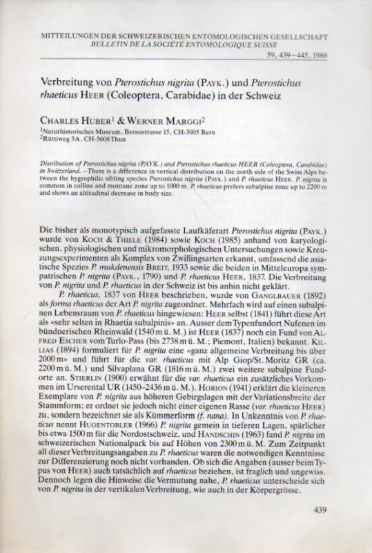 Huber,Charles und Werner Marggi  Verbreitung von Pterostichus nigrita (Payk) und Pterostichus 
