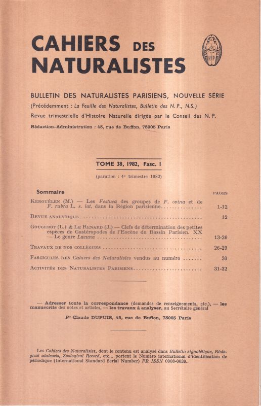 Cahiers des Naturalistes  Cahiers des Naturalistes Tome 38, 1982 Fasc. 2 und 2 (2 Hefte) 