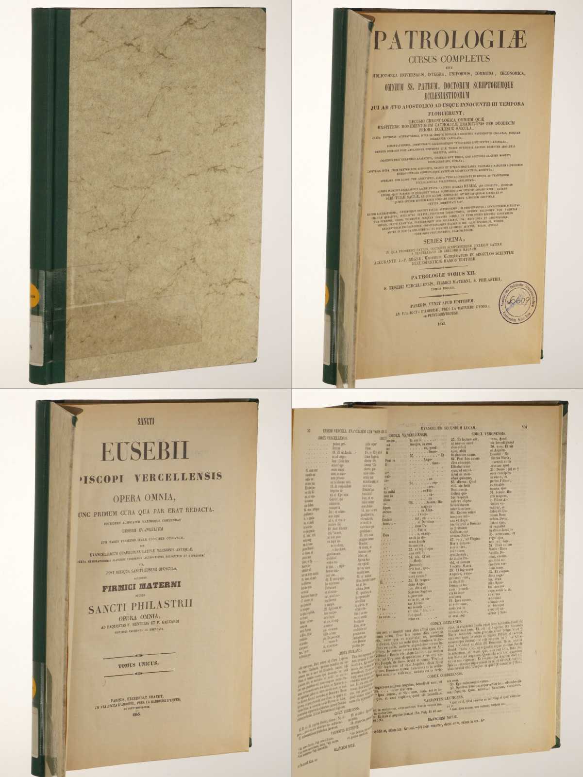 Series latina; Vol. 012: Eusebius Vercellensis, Firmicus Maternus, Philastrius).  Tomus unicus. Undatierter Nachdruck d. Ausgabe 1845. 